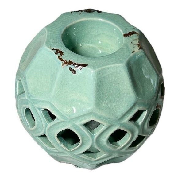 Light Teal and Brown Glazed Abstract Ceramic Votive Candle Holder - Picture 3 of 7